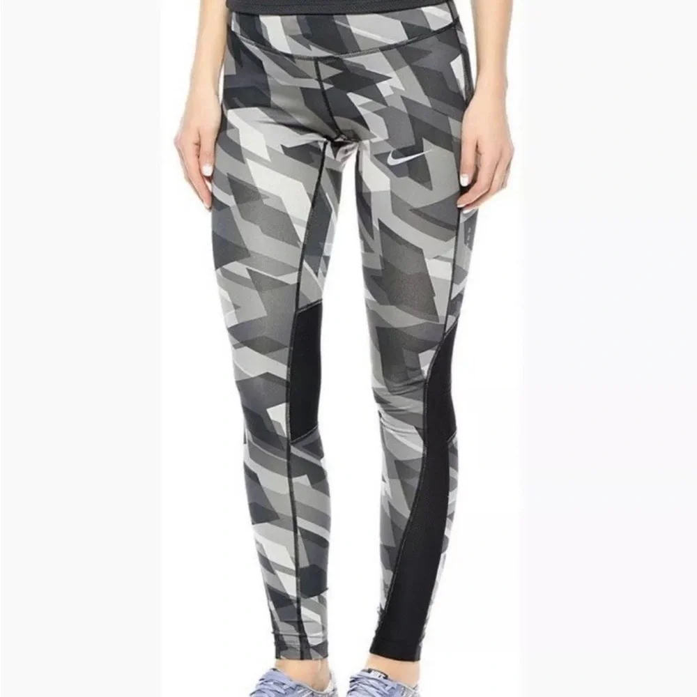 Nike Power Racer Geometric Gray Black Leggings Running‎ Yoga Dri Fit